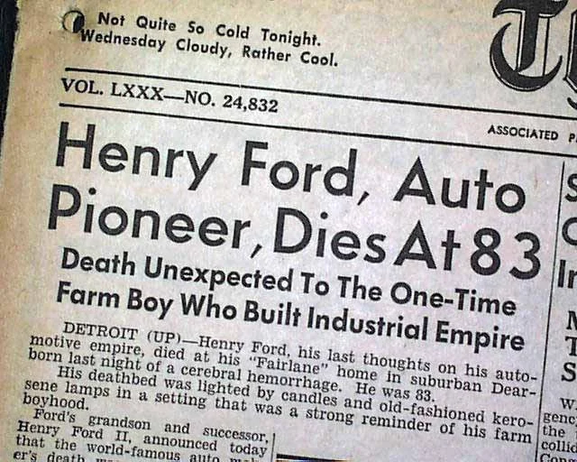 Artikel over de dood van Henry Ford 1947